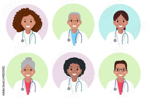 African American female and male physician, doctor or nurse avatar set. Healthcare personal. Therapist. Hospital nurse. Flat style vector. Black doctor in white coat and a stethoscope. Medical icon.