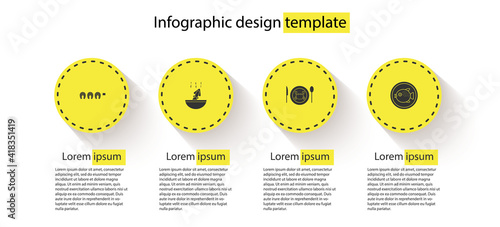 Set Grilled fish steak, Soup with octopus, Served crab on plate and Puffer. Business infographic template. Vector.
