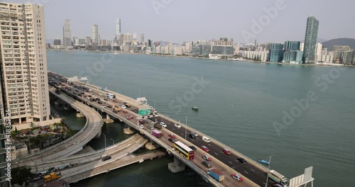 Car traffic at rush hour  on Island Eastern Corridor which is an expressway built along the northeastern shore of Hong Kong Island
