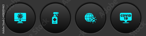 Set Virus statistics on monitor, Liquid antibacterial soap, Earth globe with virus and Corona location icon. Vector.