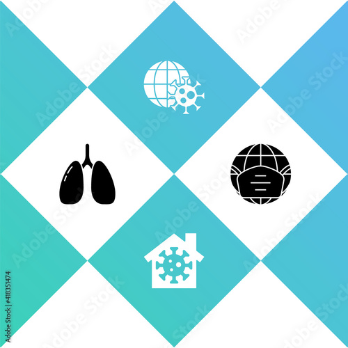 Set Lungs, Stay home, Earth globe with virus and medical mask icon. Vector.
