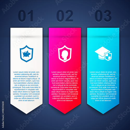 Set Piggy bank with shield, Life insurance and Graduation cap. Business infographic template. Vector.