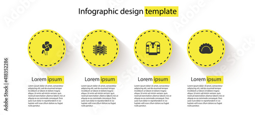 Set Poppy flower, Wicker fence, Embroidered shirt and Dumplings. Business infographic template. Vector.