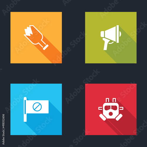 Set Broken bottle as weapon, Megaphone, Protest and Gas mask icon. Vector.