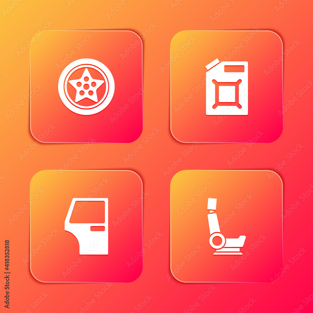 Set Car wheel, Canister for gasoline, door and seat icon. Vector. Set Car wheel, Canister for gasoline, door and seat icon. Vector.