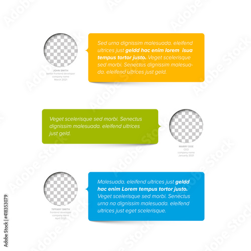 Light Testimonial reviews section layout template with speech bubbles