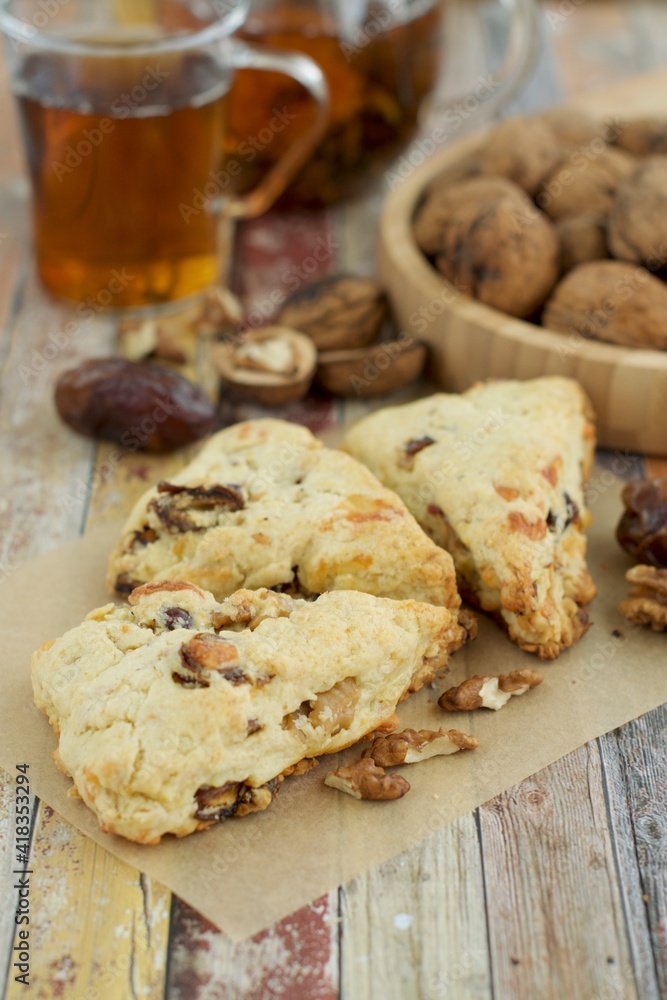 Homemade walnut date scones served with hot tea
