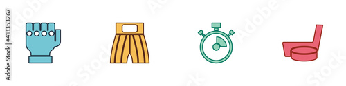 Set MMA glove, Boxing short, Stopwatch and Ice hockey stick and puck icon. Vector.