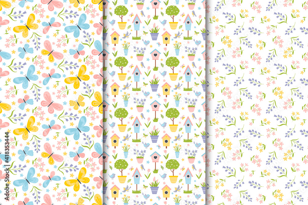 Spring set of seamless patterns in flat hand drawn cartoon style. Vector children's colorful illustration of a bird, potted plants, flowers, birdhouses, butterflies.
