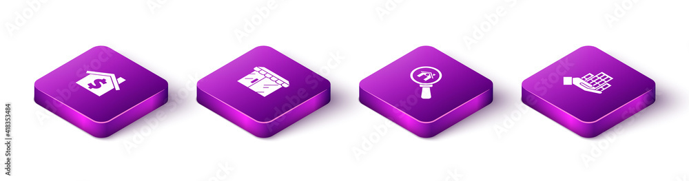 Set Isometric House with dollar symbol, Market store, Search house and Skyscraper icon. Vector. Set Isometric House with dollar symbol, Market store, Search house and Skyscraper icon. Vector.