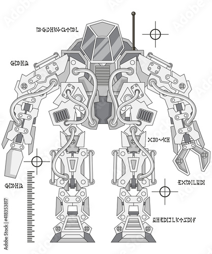 Combat robot. Front view. On white background. Vector illustration.