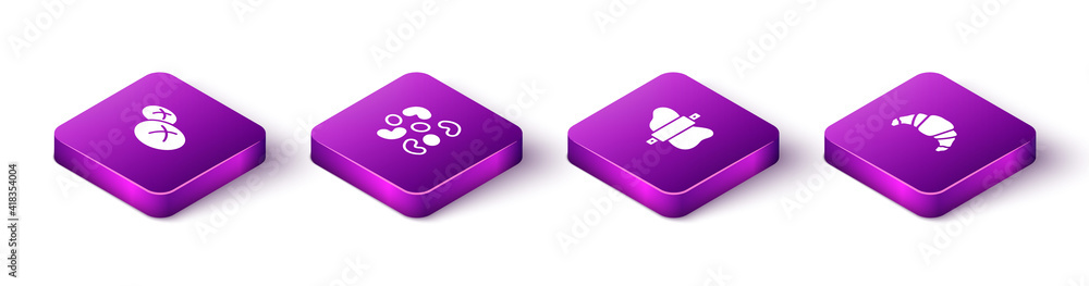 Set Isometric Bread loaf, Jelly candy, Rolling pin on dough and Croissant icon. Vector. Set Isometric Bread loaf, Jelly candy, Rolling pin on dough and Croissant icon. Vector.