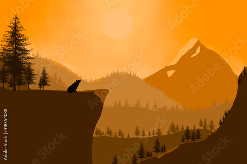 Landscape with mountains  the sunset time. A wolf silhouette is on the hill  and there are a lot of pine trees.