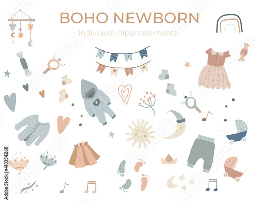 Set of cute boho baby objects in Scandinavian style. Cartoon and trendy newborn illustrations, cliparts, icons 
for invitation card, instagram, room decor, poster. Isolated vector, editable.