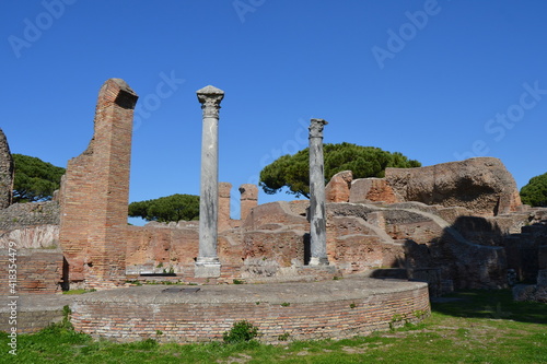 Ancient temple in Ostia Antica ruins of old Roman city with stairs and columns