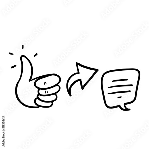 hand drawn doodle thumb up arrow and bubble speech symbol for like share and comment illustration