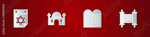 Set Jewish calendar, Muslim Mosque, The commandments and Decree, paper, parchment, scroll icon. Vector.