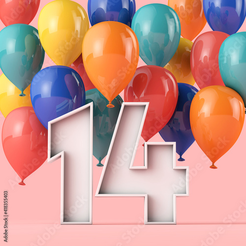 Photography Happy 14th birthday background with colourful balloons