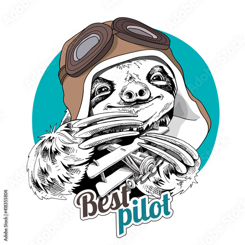 Funny smiling Sloth in a aviator helmet with a Vintage Airplane. Best pilot - lettering quote. Humor card, t-shirt composition, hand drawn style print. Vector illustration.