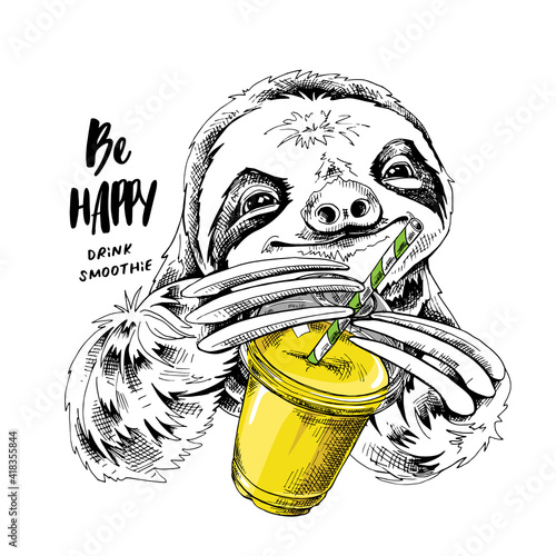 Cute smiling sloth with a Plastic Cup Mockup of Smoothie. Humor card, t-shirt composition, hand drawn style print. Vector illustration.