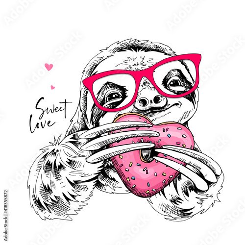 Card of a Valentine's Day. Adorable smiling sloth in a glasses with a pink heart donut. Sweet love - lettering quote. Humor poster, t-shirt composition, hand drawn style print. Vector illustration.