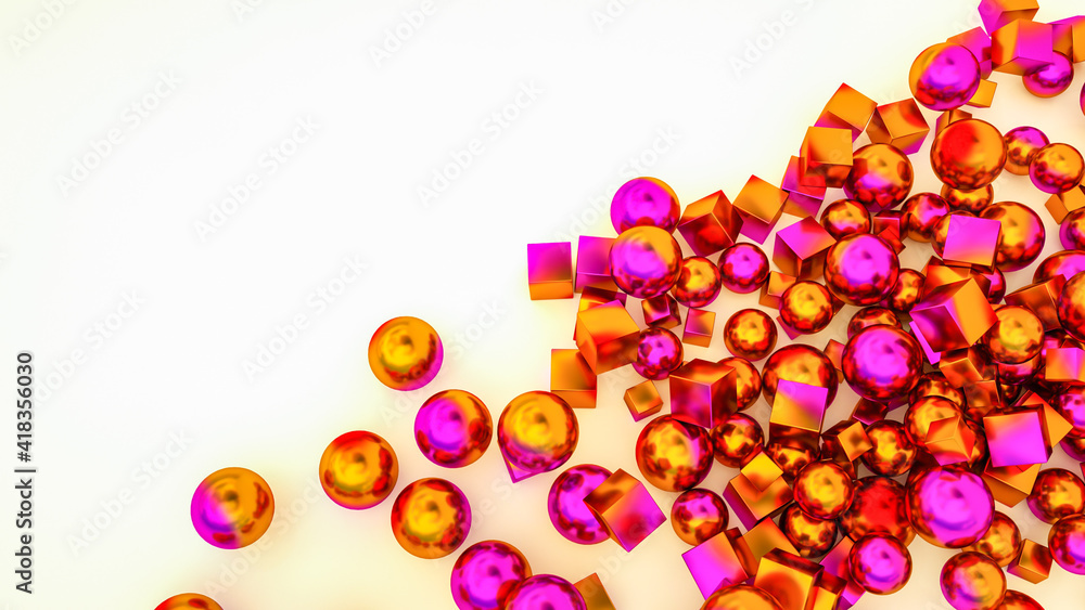 bright spheres and cubes are scattered on a white background. 3d render illustration bright spheres and cubes are scattered on a white background. 3d render illustration