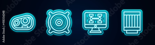 Set line Car headlight, audio speaker, Diagnostics condition of car and air filter. Glowing neon icon. Vector.
