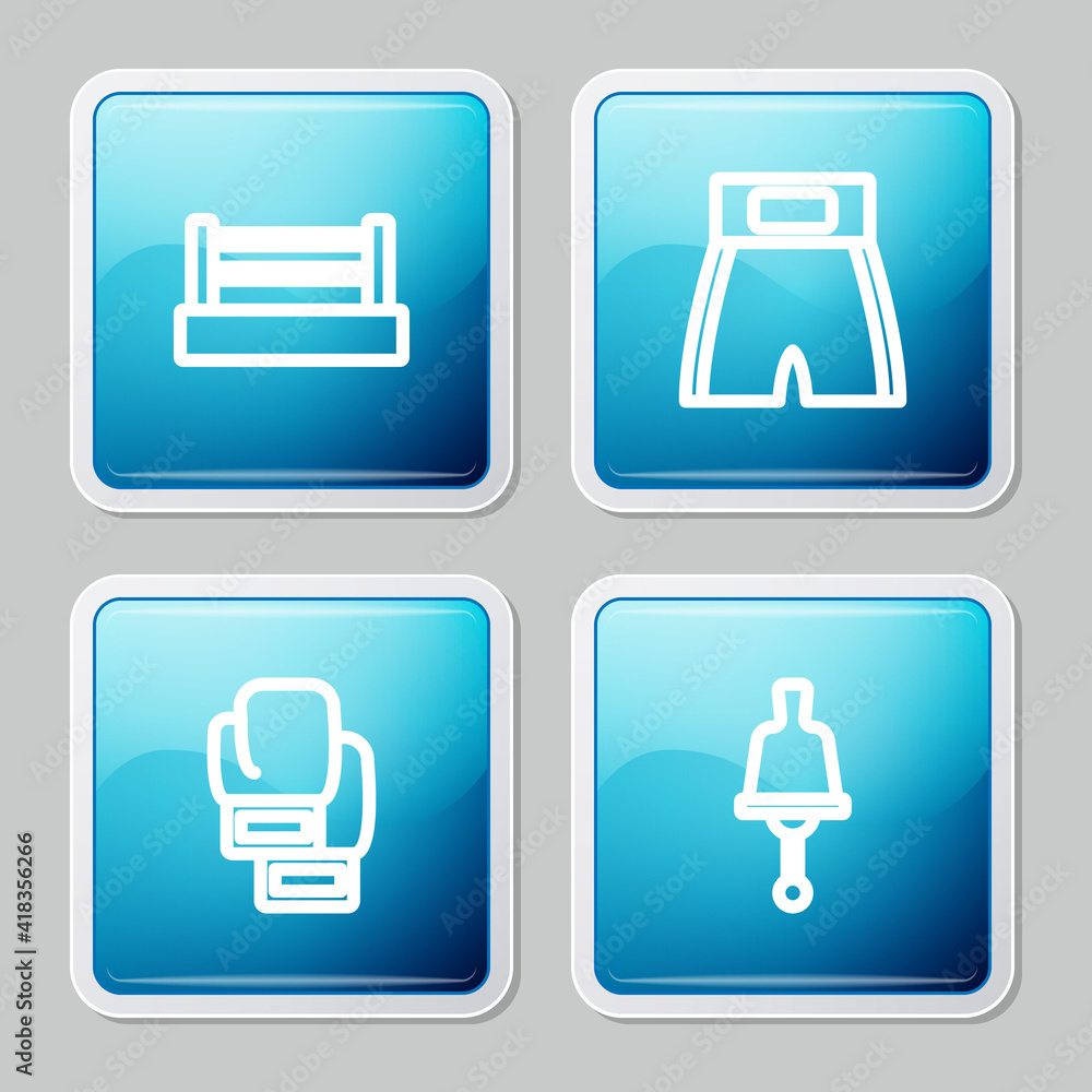 Set line Boxing ring, short, glove and Ringing bell icon. Vector. Set line Boxing ring, short, glove and Ringing bell icon. Vector.