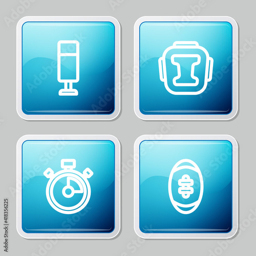 Set line Punching bag, Boxing helmet, Stopwatch and American Football ball icon. Vector.