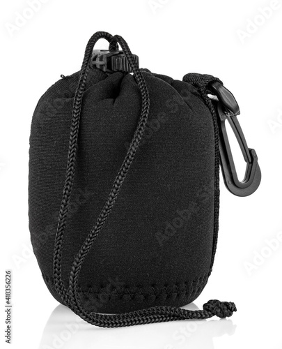 Black neoprene bag with drawstring isolated on white background