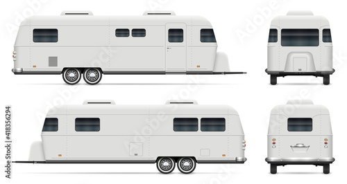 Rv camping trailer vector mockup on white background for vehicle branding, corporate identity. View from side, front, back. All elements in the groups on separate layers for easy editing and recolor