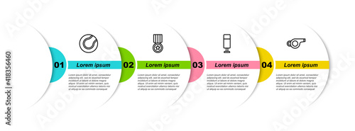Set line Tennis ball, Medal, Punching bag and Whistle. Business infographic template. Vector.