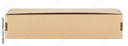 Front view of long rectangle brown cardboard box isolated on a white background