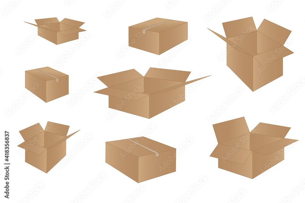 Realistic cardboard box mockup set from side, front and top view open and closed isolated on white background.
