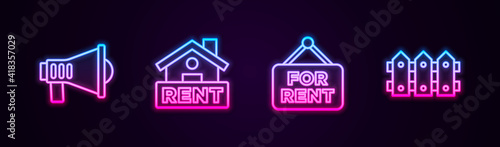 Set line Megaphone, Hanging sign with Rent, For and Garden fence wooden. Glowing neon icon. Vector.