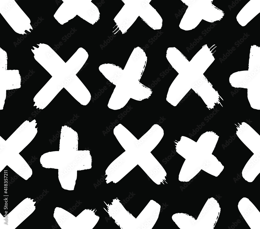 Obraz premium Seamless pattern with hand drawn black and white cross. Paint objects background for your design. Vector art drawing. Brush grunge illustration