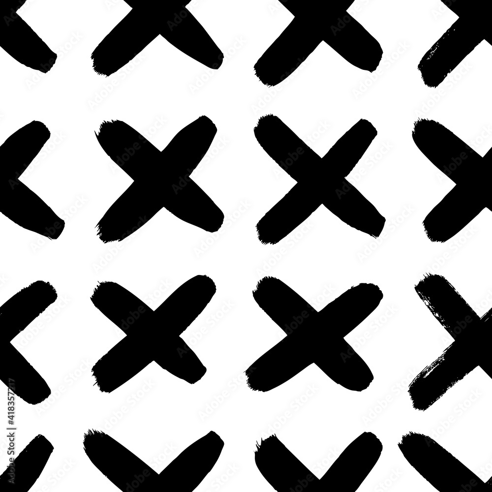 Obraz premium Seamless pattern with hand drawn black and white cross. Paint objects background for your design. Vector art drawing. Brush grunge illustration