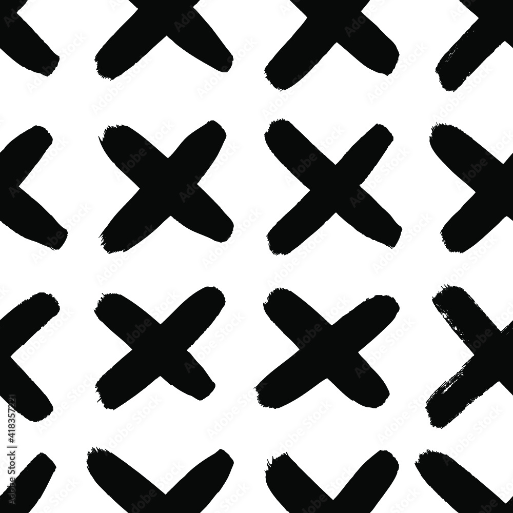 Obraz premium Seamless pattern with hand drawn black and white cross. Paint objects background for your design. Vector art drawing. Brush grunge illustration