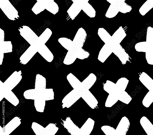 Seamless pattern with hand drawn black and white cross. Paint objects background for your design. Vector art drawing. Brush grunge illustration