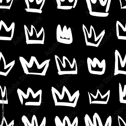 Seamless pattern with hand drawn black and white crown. Paint objects background for your design. Vector art drawing. Brush grunge illustration
