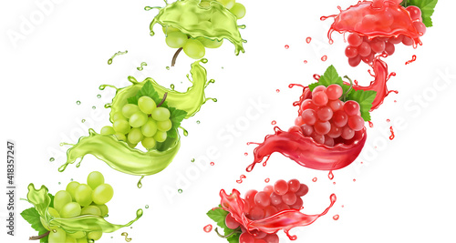 Red and white grapes in juice splash realistic. Bunch of pink and green table grape in splashig wine. vector