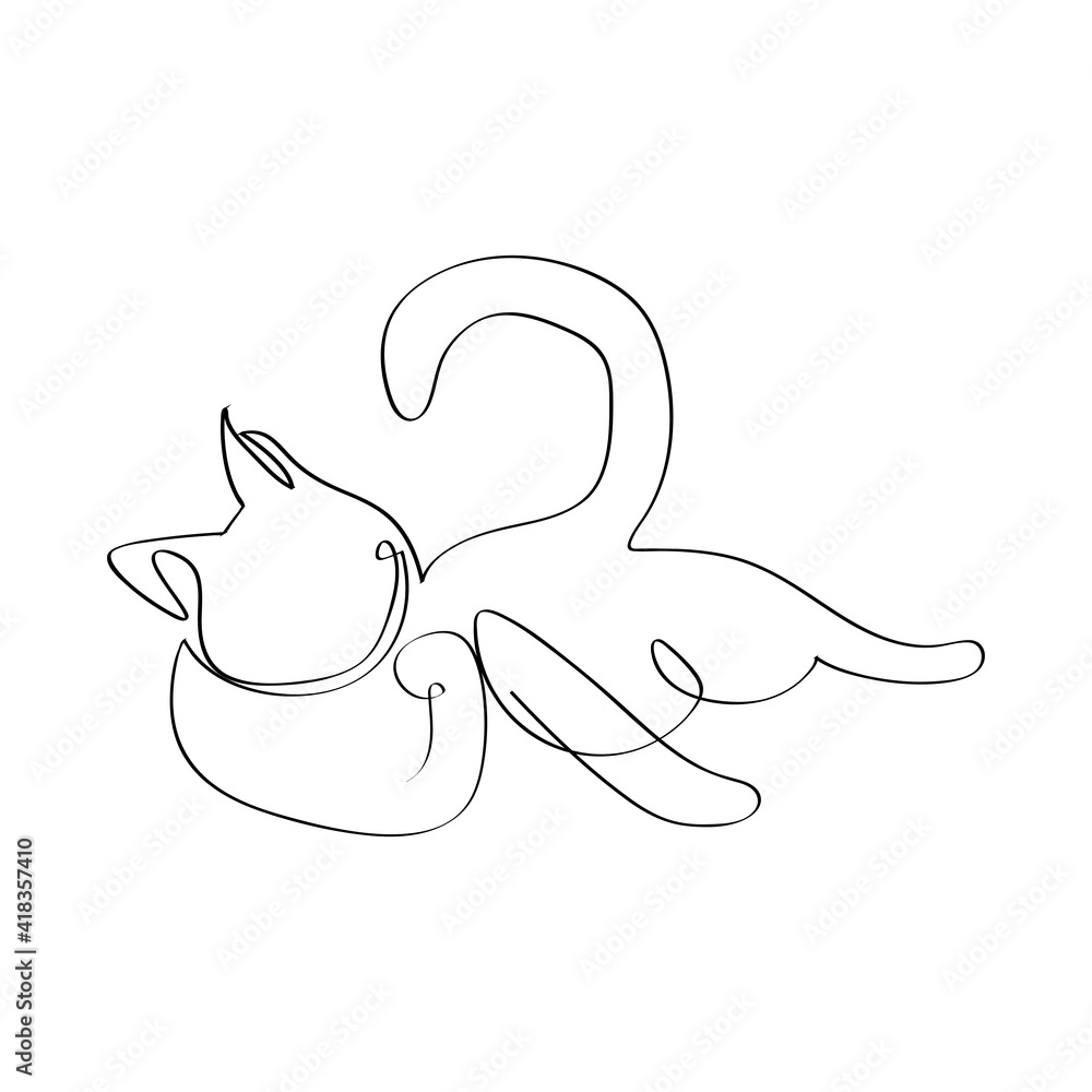 Silhouette of a cat in continuous one line. Freehand drawing, black line sketch, doodle, isolated on white background. Editable vector pet animal illustration for logo or decoration