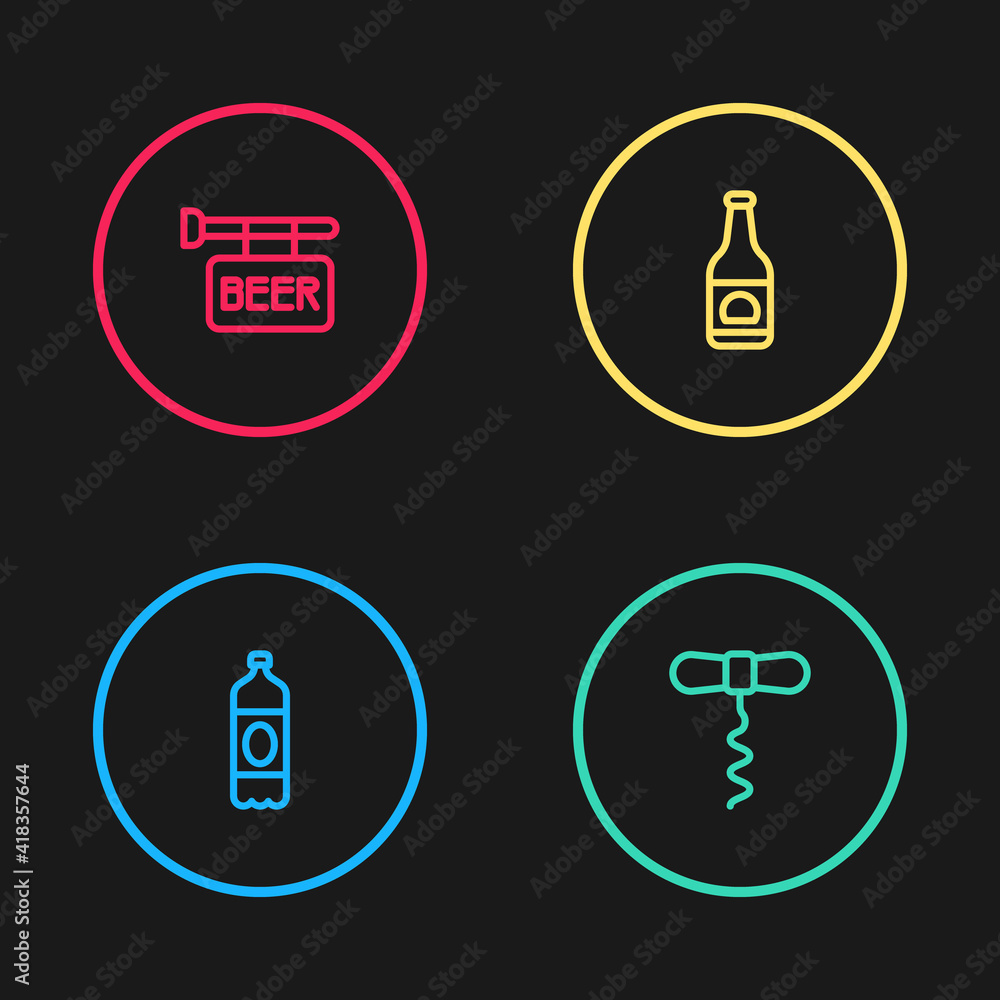 Set line Plastic beer bottle, Wine corkscrew, Beer and Street signboard with icon. Vector. Set line Plastic beer bottle, Wine corkscrew, Beer and Street signboard with icon. Vector.