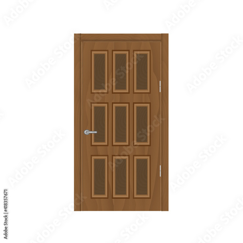 Frontal image of a closed brown door  isolated on white background.
