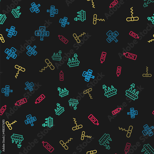 Set line Beer bottle, Conveyor band, beer, Wine corkscrew and Plastic on seamless pattern. Vector.