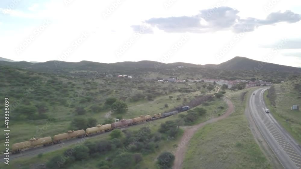 Aerial view following a train at Avis dam Windhoek Namibia Aerial view following a train at Avis dam Windhoek Namibia
