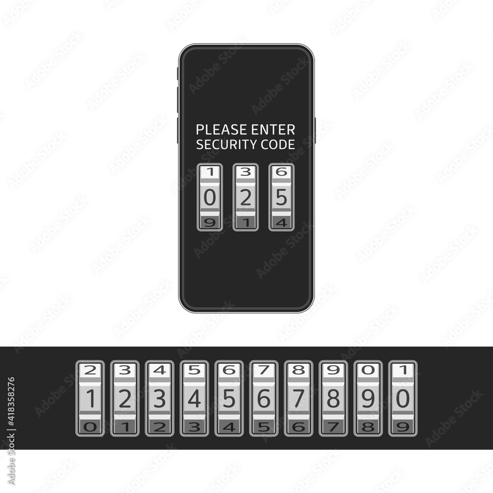 Mobile phone with Combination, number code lock keypad on screen. Device entering security system code. Data protection, security concept. Modern combination Lock on smartphone. Vector illustration. Mobile phone with Combination, number code lock keypad on screen. Device entering security system code. Data protection, security concept. Modern combination Lock on smartphone. Vector illustration.