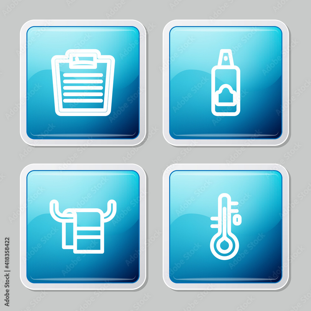 Set line Bathroom scales, Spray can for hairspray, Towel on hanger and Sauna thermometer icon. Vector. Set line Bathroom scales, Spray can for hairspray, Towel on hanger and Sauna thermometer icon. Vector.