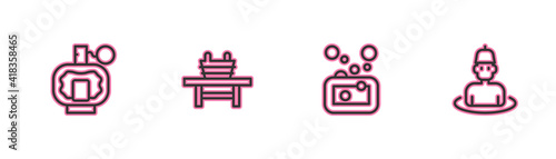 Set line Aftershave, Bar of soap, Sauna bench with bucket and Man in the sauna icon. Vector.