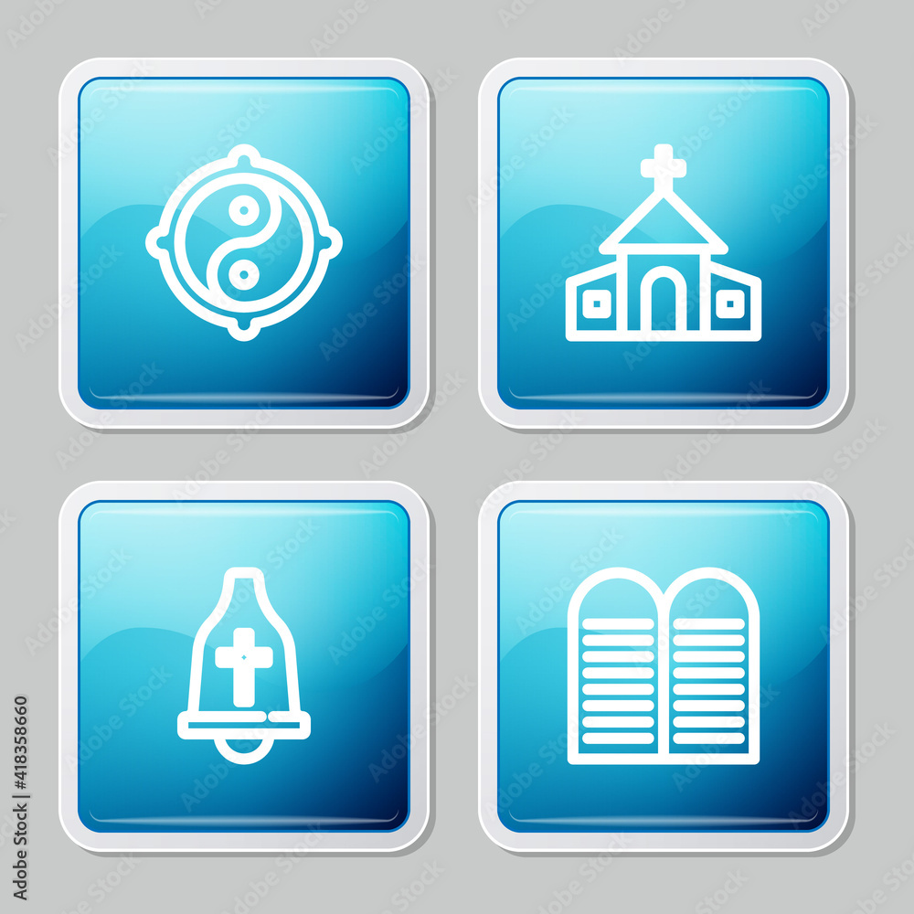 Set line Yin Yang, Church building, bell and The commandments icon. Vector. Set line Yin Yang, Church building, bell and The commandments icon. Vector.